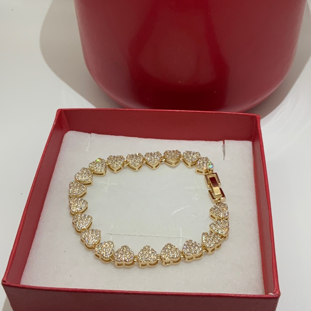 Elegant Gold diamond Tennis Bracelet with Heart Accents